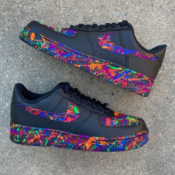 ? Nike Air Force 1 Custom Low Multi Color Splatter Swoosh Black Shoes Sneakers main image 14